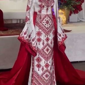 Elegant Red and White Handmade Palestinian Embroidered Dress